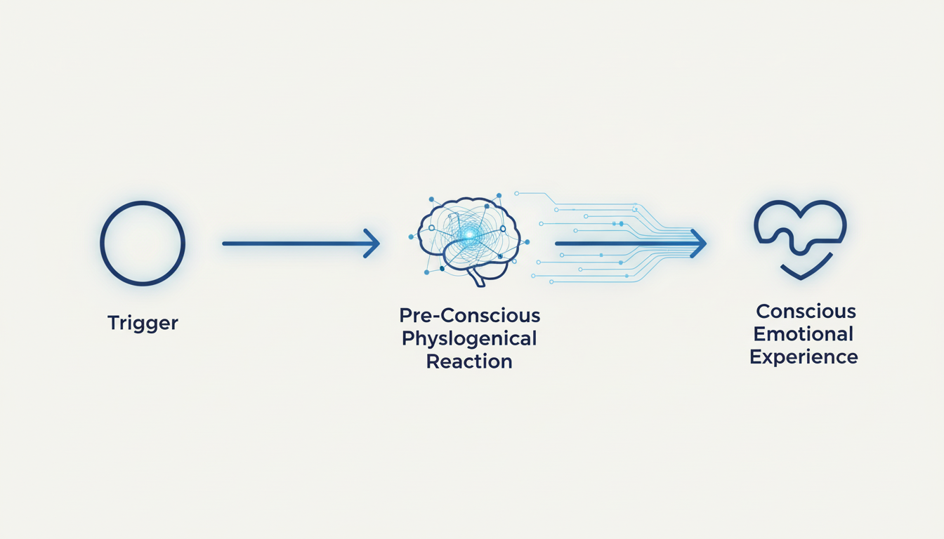 A clean, minimalist infographic in a scientific style illustrating the brain's threat response sequence. Use simple icons and text on a light background (#e8e5e0). Show a 'Trigger' leading to a 'Pre-Conscious Physiological Reaction' (highlighting DMN activation), which then results in a 'Conscious Emotional Experience'. Use brand colors #161c2e for text and #3f6fae for connecting arrows. Aspect ratio: 4:3.