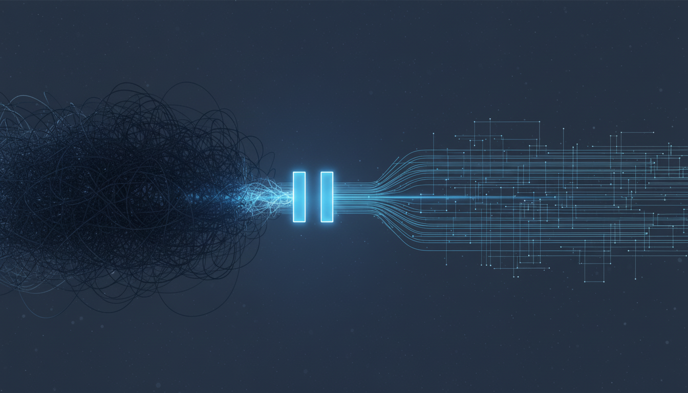 An abstract image representing the concept of internal chaos versus external calm. One side shows turbulent, chaotic dark blue lines (#161c2e), while the other side shows smooth, serene light grey shapes (#e8e5e0), separated by a subtle blue line (#6fa0c5). The overall feeling is professional and sleek. Aspect ratio: 16:9.