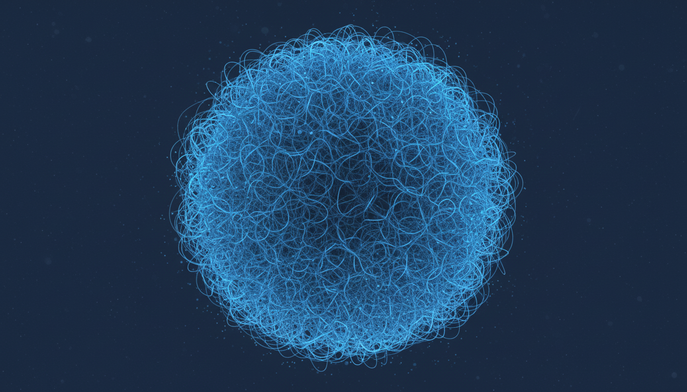An abstract illustration of a tangled, looping thread that represents a vicious cycle, set against a dark, sophisticated background. The design should evoke a feeling of being stuck and frustrated. Use brand colors #161c2e and #3f6fae. Aspect ratio: 16:9.