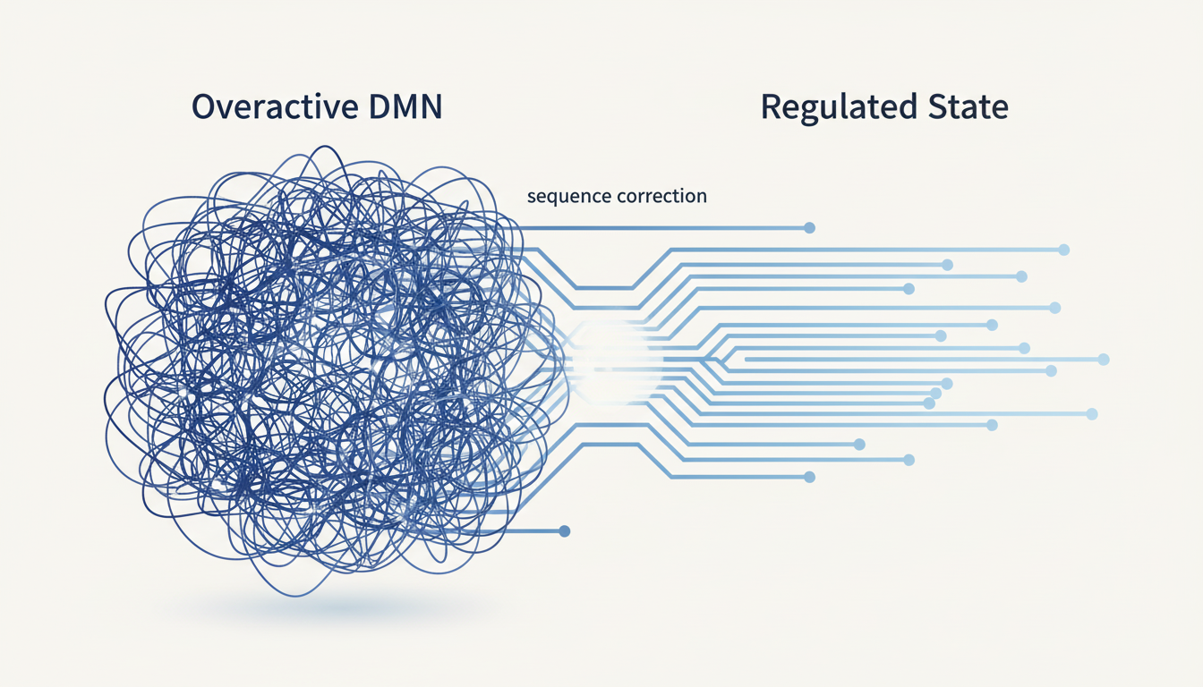 A clean, modern infographic comparing two brain states. On the left, 'Overactive DMN' with chaotic, tangled lines in brand color #3f6fae. On the right, 'Regulated State' with calm, organized neural pathways in brand color #6fa0c5. Use clear icons and minimal text. Light background color #e8e5e0. Aspect ratio: 1:1.