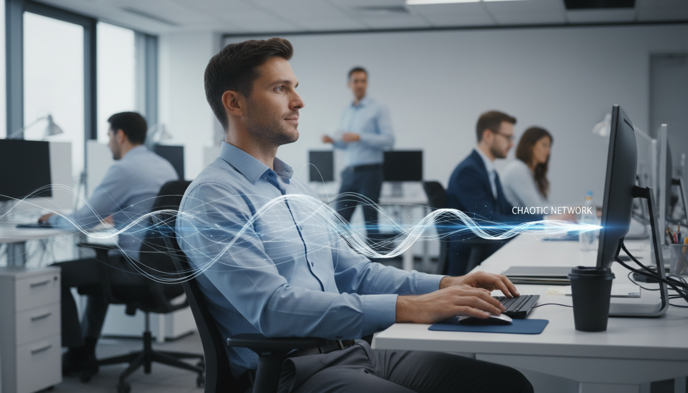 A realistic photo of a calm, focused professional in a modern, high-pressure office setting. Their posture is relaxed yet alert, and their expression is one of serene clarity, suggesting complete internal control amidst a busy environment. Soft, natural lighting. Aspect ratio: 4:3.