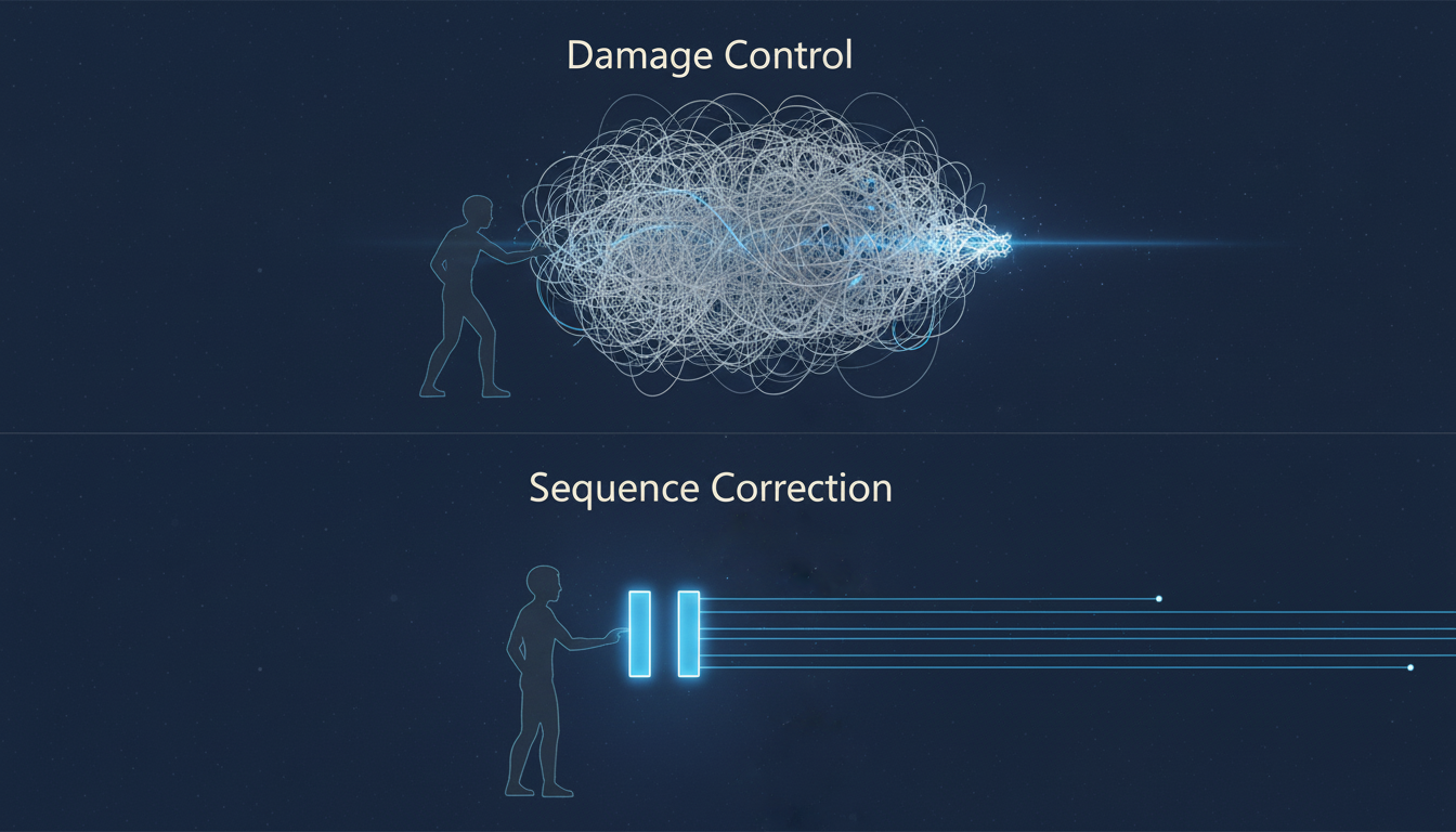 A split-panel illustration with a clean, modern aesthetic. The top panel, labeled 'Damage Control,' shows a figure trying to reason with a large, chaotic scribble representing an emotional reaction. The bottom panel, labeled 'Sequence Correction,' shows a figure calmly pressing a 'pause' button on a simple timeline *before* the chaotic scribble appears. Use brand colors #161c2e, #6fa0c5, and #e8e5e0. Aspect ratio: 1:1.
