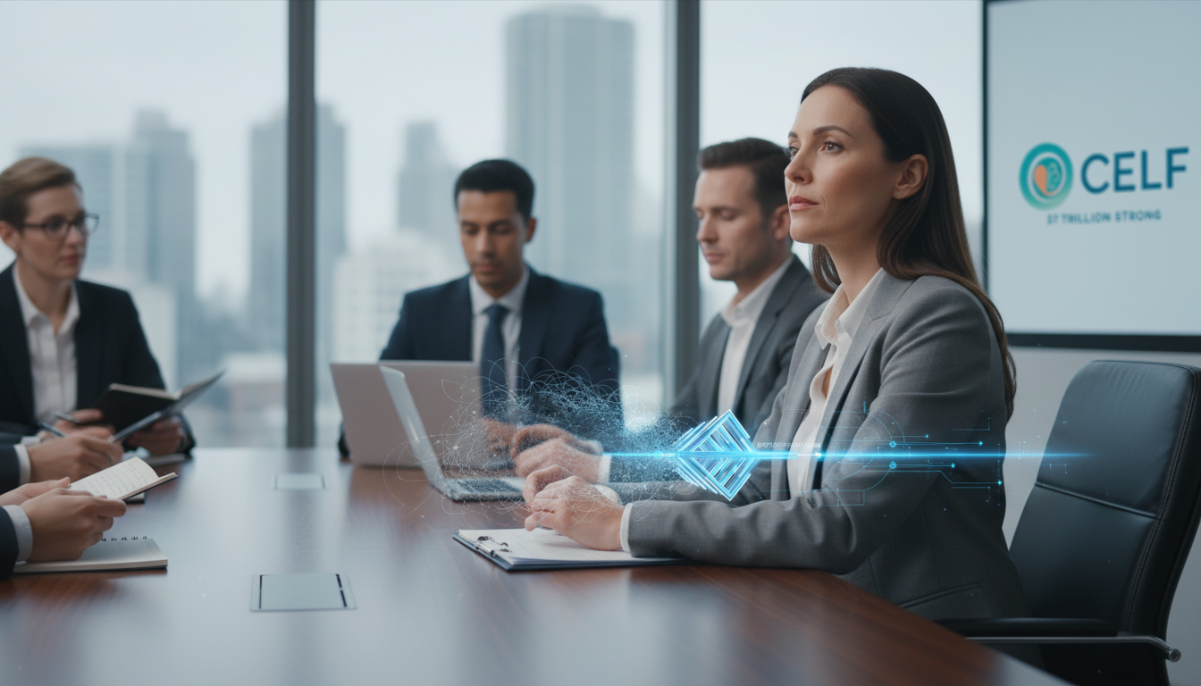 A calm and focused marketing director in a high-pressure meeting. They are listening intently, looking composed and clear-headed, embodying a sense of internal control and stability amidst a busy corporate environment. The lighting is natural and professional. Aspect ratio: 4:3.