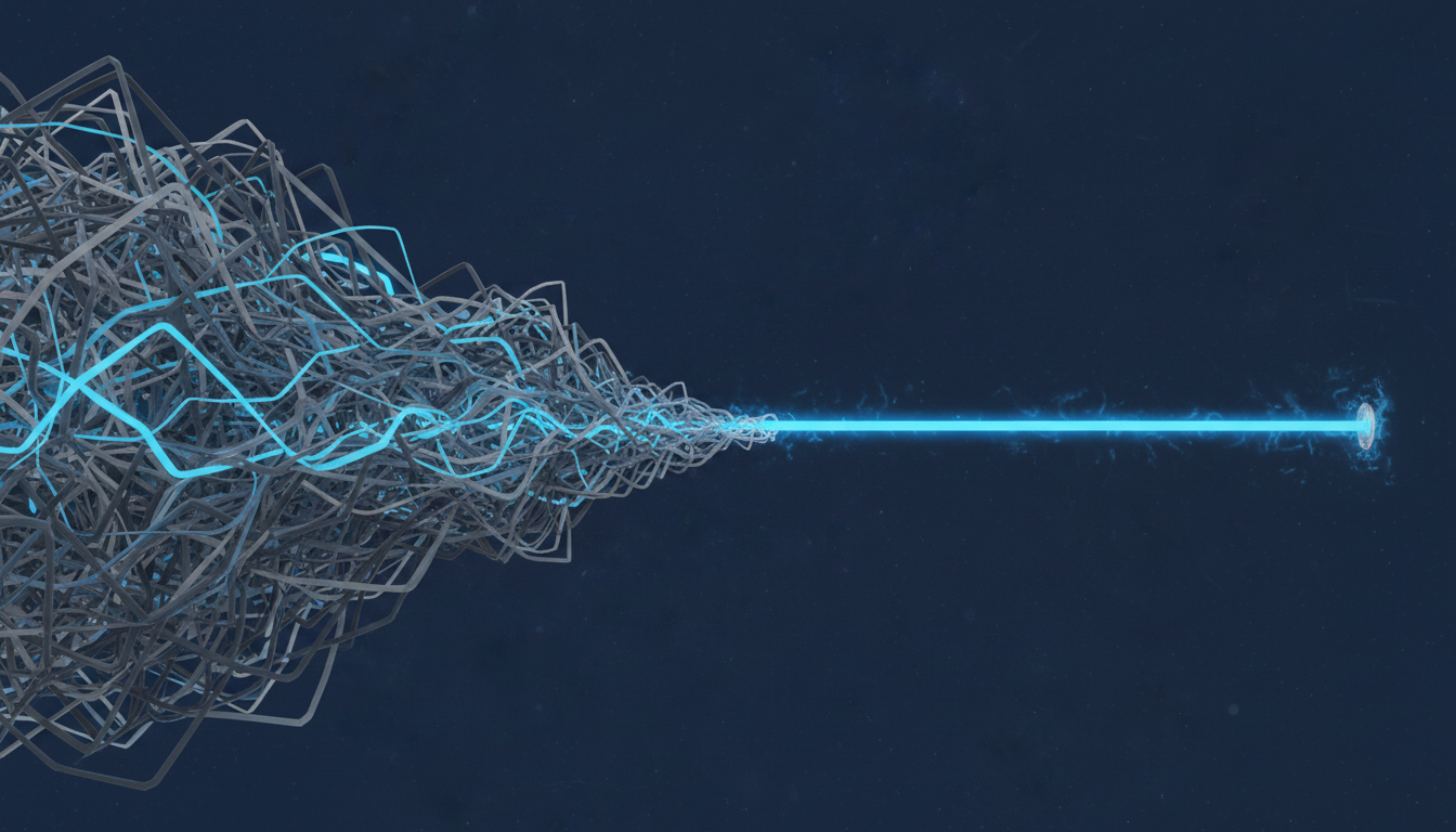 An abstract digital art piece visualizing the concept of 'signal compression.' It should show chaotic, jagged lines in a muted gray-blue (#8599a5) and sharp blue (#3d6db0) being squeezed into a narrow, constrained channel against a dark, overwhelming background (#181e2e). The overall feeling should be one of pressure and limited perception. Aspect ratio: 16:9.