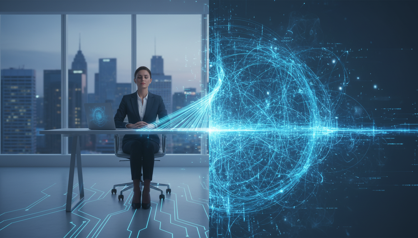 A split-image concept. On the left, a confident and successful professional in a modern office, sharp and focused. On the right, the same person's inner world is visualized as a chaotic, tangled network of glowing lines, representing internal stress and mental fog. The overall tone is sophisticated and empathetic. Aspect ratio: 16:9.
