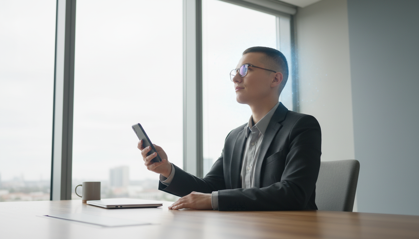 A realistic photo of a calm and focused professional in a modern, minimalist office. They are holding a smartphone, but looking past it with a clear, composed expression, suggesting a moment of mindful reset rather than digital distraction. Soft, natural light fills the scene. Aspect ratio: 16:9.