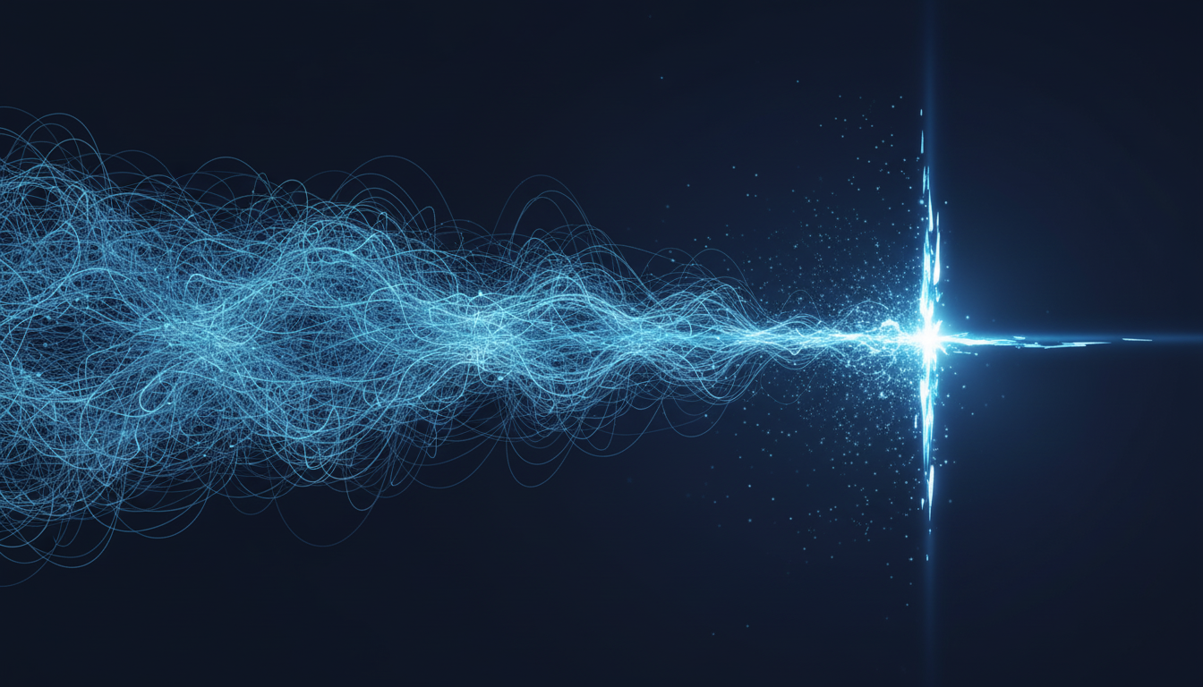 An abstract visualization of 'Signal Compression'. On one side, a wide, expansive field of flowing, interconnected light blue lines. On the other side, these lines are being squeezed and funneled into a single, jagged, intense point of bright blue light against a dark background, representing narrowed focus and stress. Aspect ratio: 16:9.