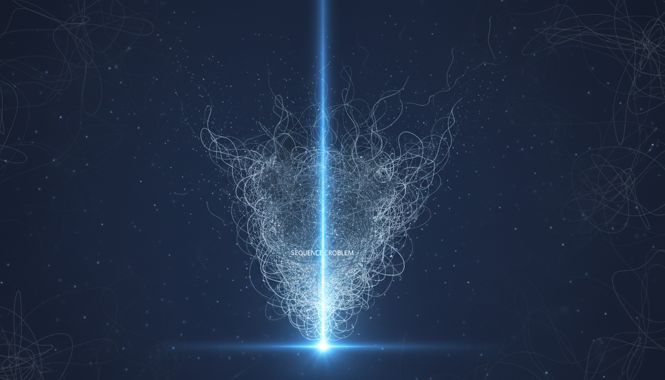 An abstract digital illustration visualizing the concept of an 'upstream problem'. A single, glowing point of origin (#3d6db0) at the bottom emits complex, chaotic signals that travel upwards, branching out into multiple tangled, hazy streams representing stress, mental fog, and reactivity. The background is a dark, sophisticated navy (#181e2e) with subtle light gray textures (#8599a5). Aspect ratio: 16:9.
