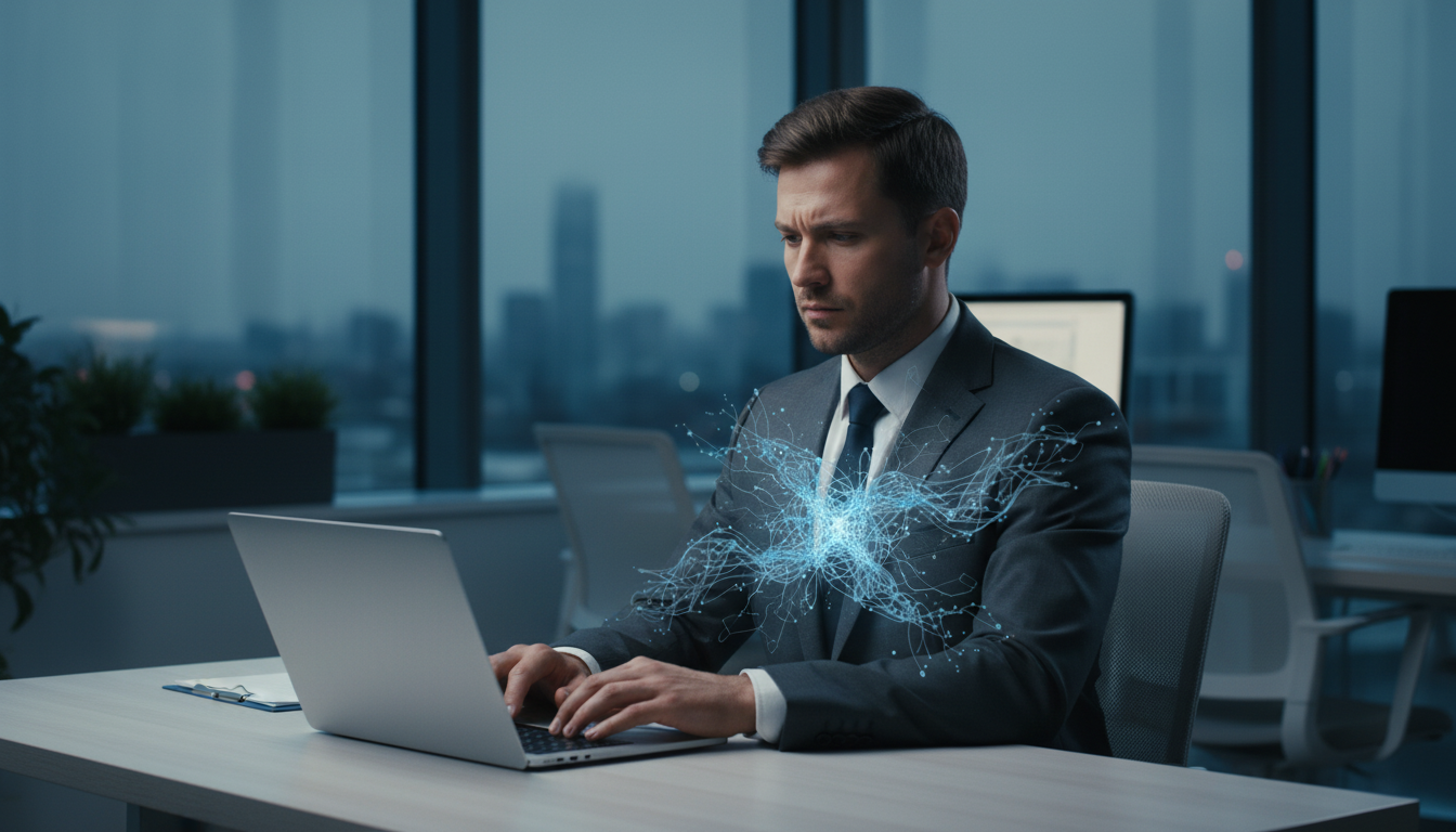 A realistic, high-contrast photograph of a successful professional in a modern office, sitting at their desk. Their posture is perfect, but their facial expression subtly reveals deep internal stress and mental fog. The lighting is dramatic, highlighting the contrast between external success and internal turmoil. Aspect ratio: 16:9.