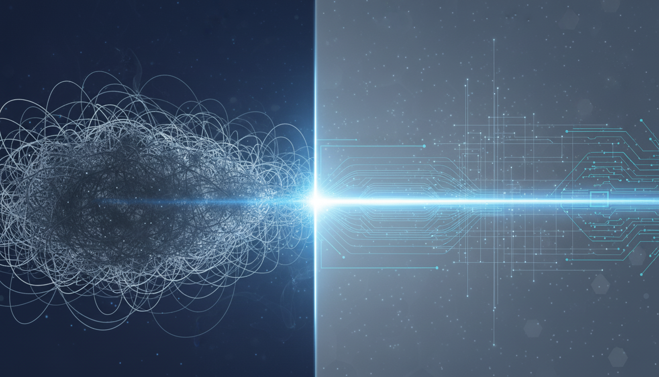 An abstract illustration representing the high-performer's paradox. One half of the image is a calm, orderly geometric pattern in cool blue tones, while the other half is a chaotic, tangled network of sharp, anxious lines in a darker, more turbulent shade. The two sides are sharply divided, symbolizing the split between external success and internal turmoil. Aspect ratio: 16:9.