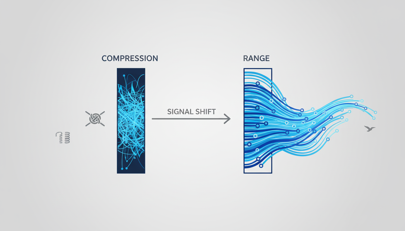 A clean, modern infographic with two contrasting sides. The left side, labeled 'Compression,' shows jagged, constricted soundwaves in a narrow channel. The right side, labeled 'Range,' shows the same waves expanding into a smooth, wide, and harmonious pattern. Use brand colors and minimalist icons to represent stress vs. clarity. Aspect ratio: 1:1.