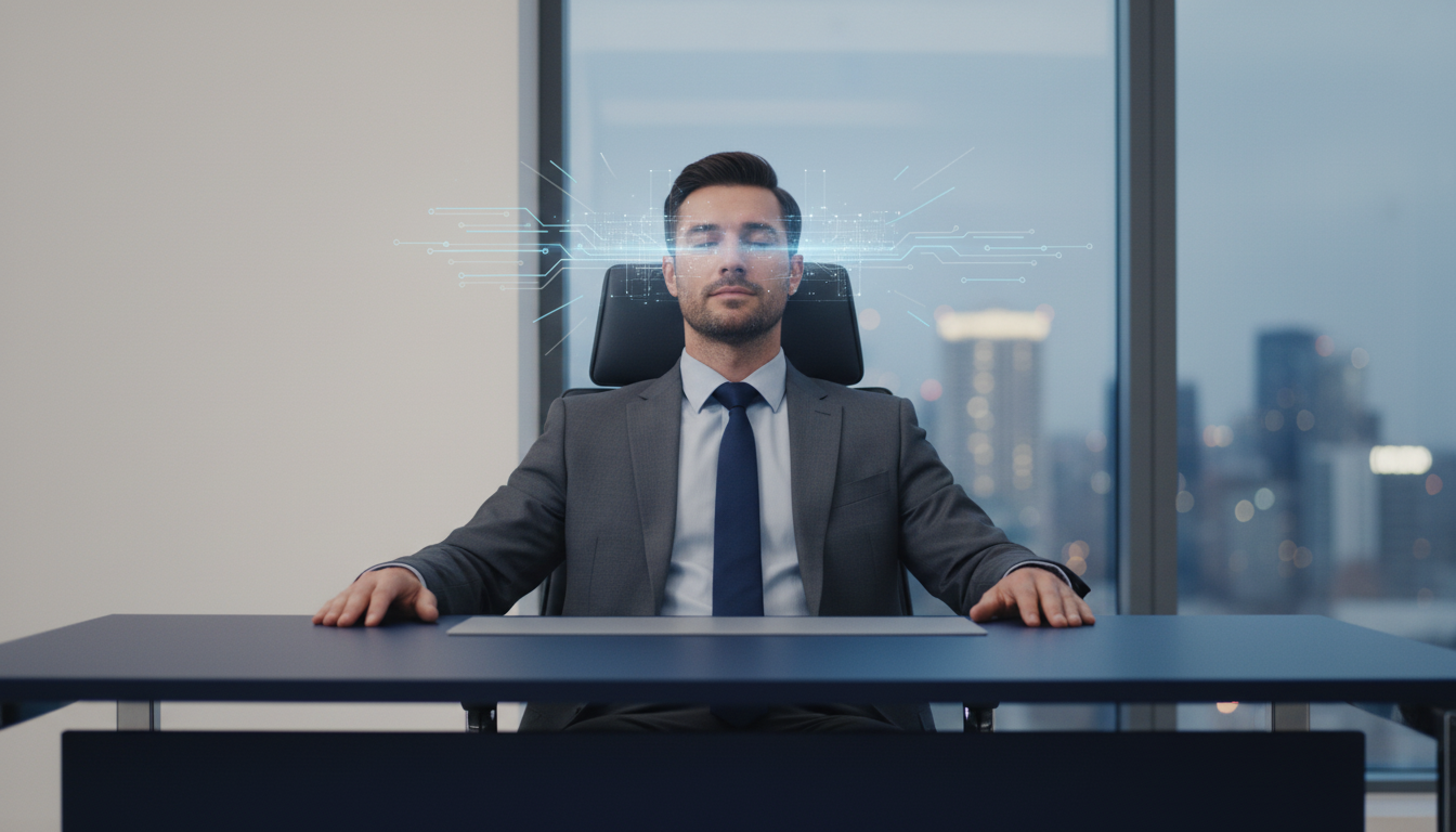 A realistic, cinematic photo of a well-dressed professional in a modern office, paused for a moment of calm reflection. Their eyes are briefly closed, and a subtle, focused expression is on their face, illustrating a quick, 2-second internal reset amidst a busy day. The background is slightly blurred. The lighting is soft and natural. Aspect ratio: 4:3.