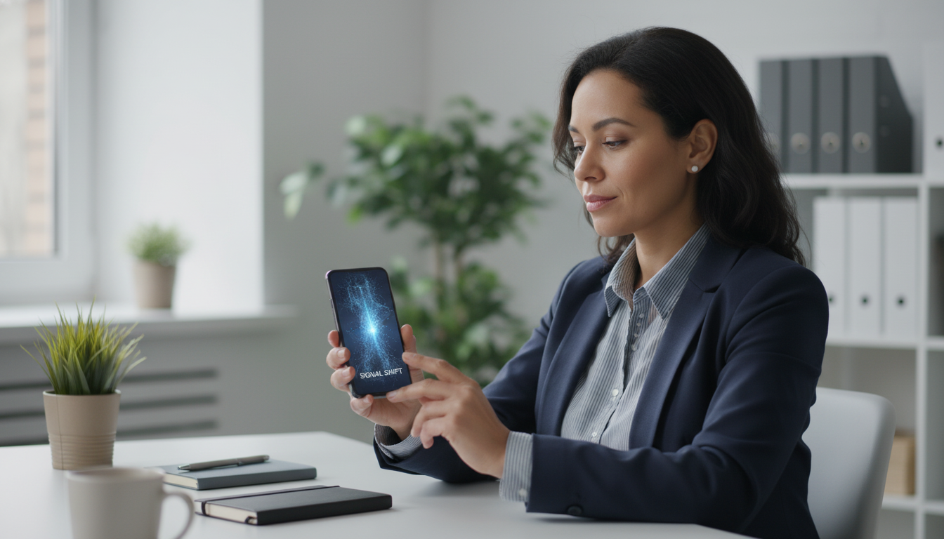 A realistic, high-quality photograph of a diverse, 35-year-old professional woman in a modern office. She is looking at her phone, but her expression is calm and focused, subtly indicating she is performing a 5-second mental reset. The lighting is soft and natural. The color palette should be sophisticated, incorporating brand colors #8599a5 and #3d6db0 in the environment and her attire. Aspect ratio: 16:9.