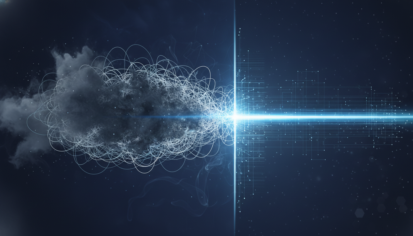 An abstract and sophisticated visual representation of mental fog. Swirling, diffused grey and muted blue clouds partially obscure a complex, glowing neural network on a dark background. The image should evoke a sense of confusion and cognitive friction. Aspect ratio: 16:9.