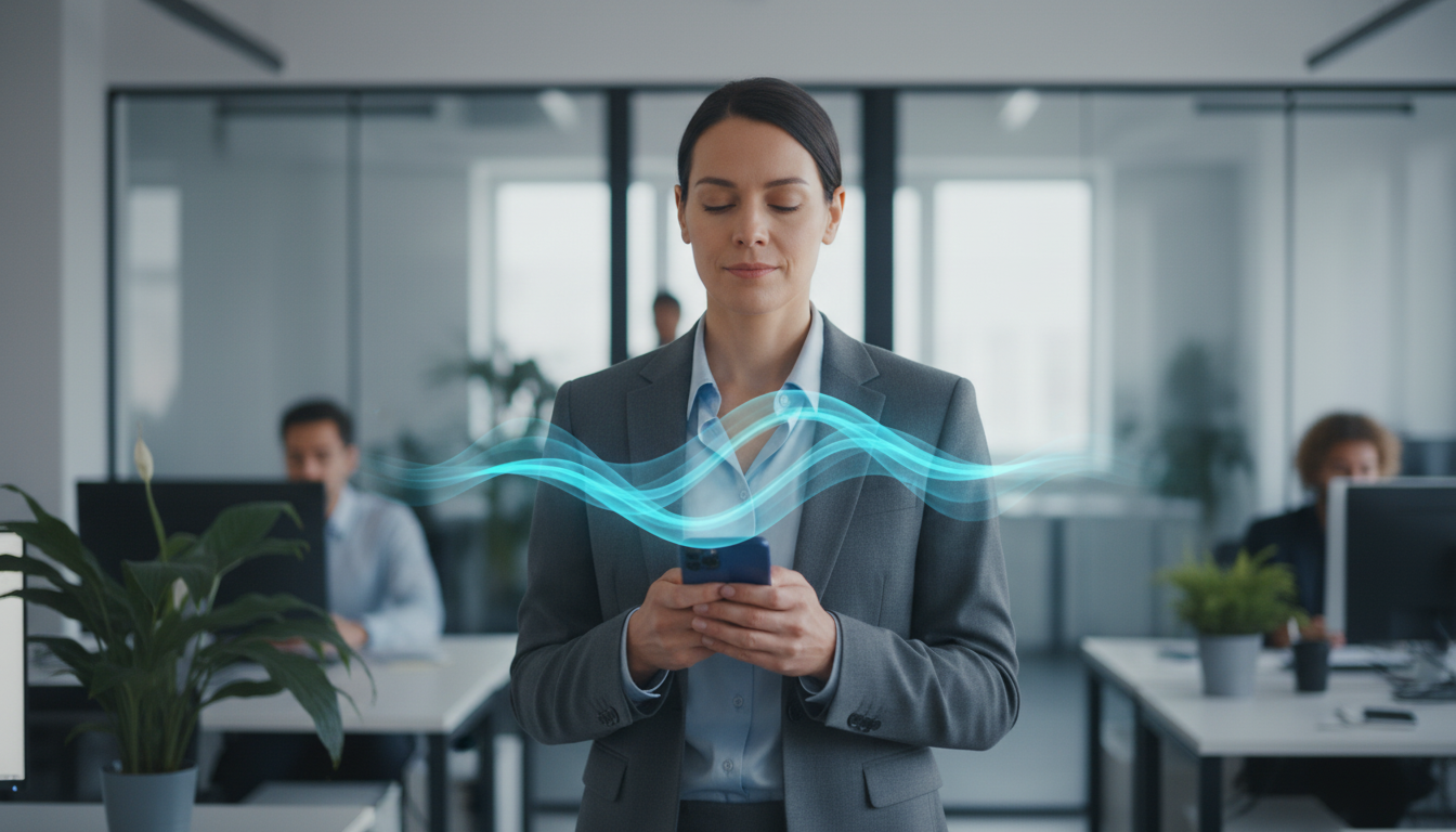 A realistic, professional photo of a marketing director in a modern, busy office setting. They are holding their smartphone, but their eyes are closed for a brief moment with a calm, focused expression on their face, subtly performing a nervous system reset. The background is slightly blurred to emphasize their moment of internal focus amidst external pressure. The lighting is soft and natural. Aspect ratio: 4:3.