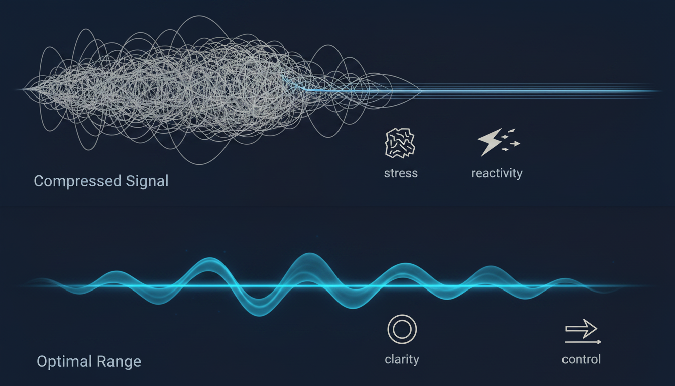 A clean, minimalist infographic comparing two brain signal waveforms on a dark background. The top waveform, labeled 'Compressed Signal,' is tight, jagged, and erratic. The bottom waveform, labeled 'Optimal Range,' is smooth, wide, and rhythmic. Simple icons indicate that the compressed signal leads to 'stress' and 'reactivity,' while the optimal range leads to 'clarity' and 'control.' Use brand colors. Aspect ratio: 16:9.