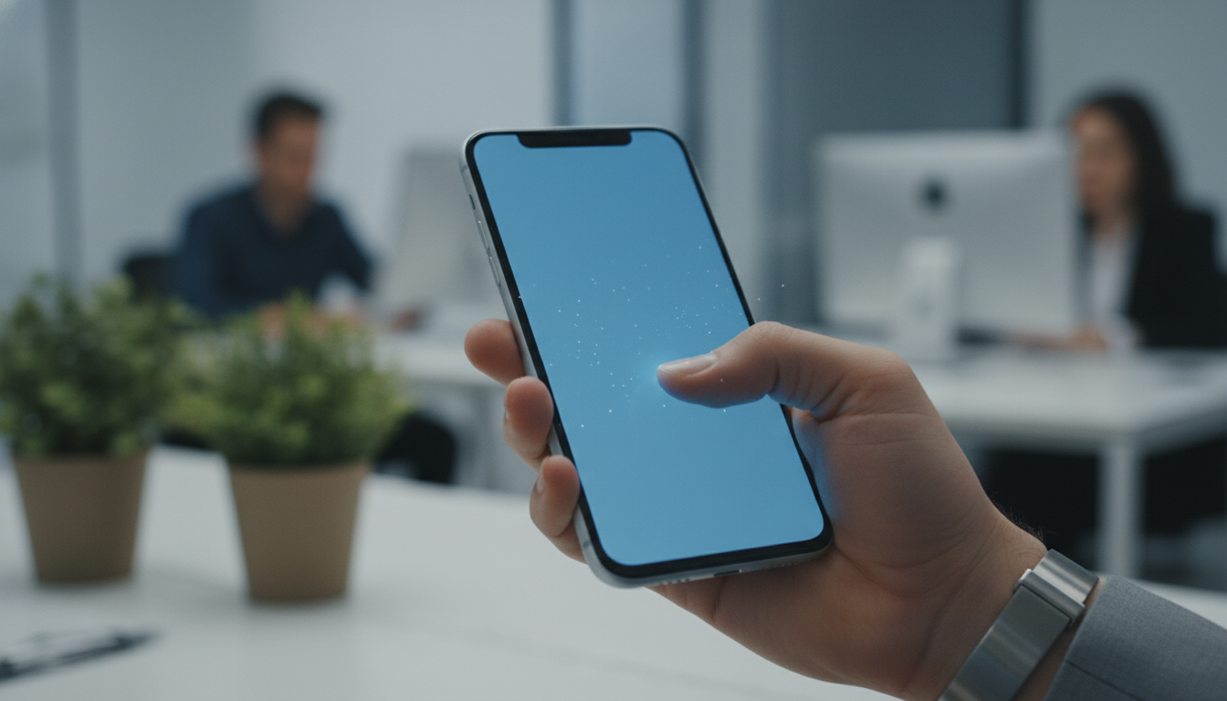 A sleek, realistic close-up shot of a professional's hand holding a smartphone. As their thumb is about to unlock the screen, a subtle, soft blue glow emanates from the phone, casting a calm light on their hand. The background is a slightly blurred, modern office environment, emphasizing the integration of this practice into a busy workday. Aspect ratio: 4:3.