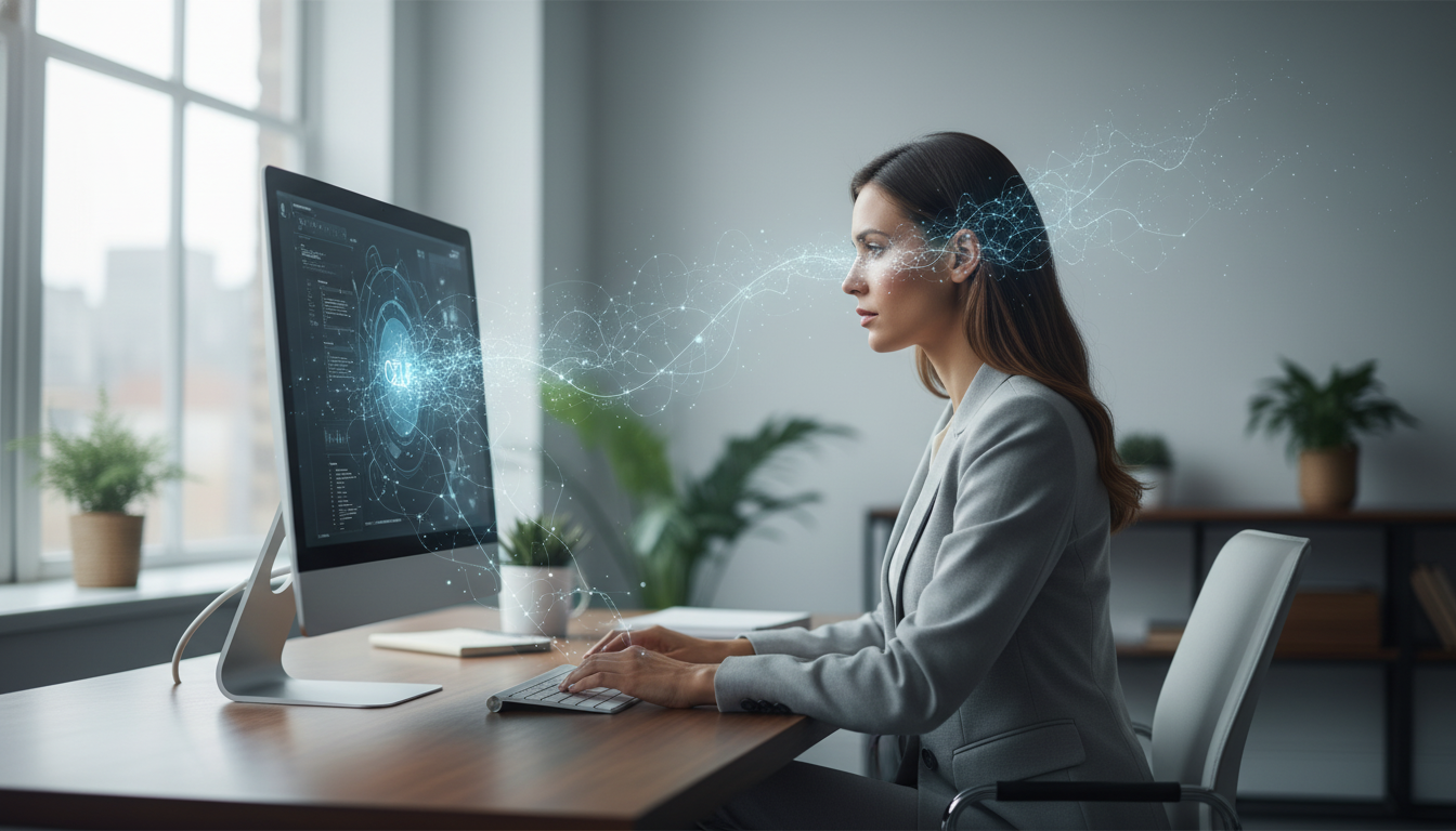 A realistic, professional photograph of a high-achieving marketing director in a modern, minimalist office. She is looking at her computer screen with a calm, focused expression, subtly performing an internal reset. The atmosphere is one of quiet control amidst a demanding environment. Natural light illuminates the scene. Aspect ratio: 4:3.