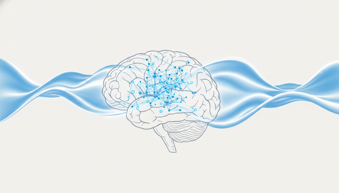 A clean, minimalist illustration depicting a human brain with a glowing, expanding neural network. Subtle light waves in brand blue and white emanate outwards, symbolizing the widening of perceptual 'range' and a nervous system reset. The style is modern and scientific against a light background. Aspect ratio: 16:9.