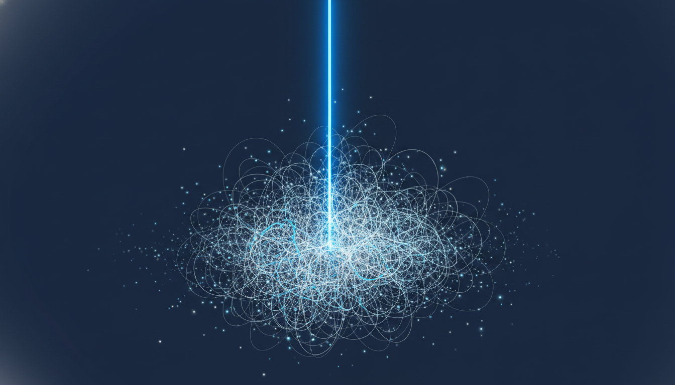 An abstract digital art piece visualizing the concept of an 'upstream' problem. A single, clear, powerful blue line originates from the top of the image, flowing downwards where it fractures and dissipates into a complex, chaotic network of thinner, agitated lines against a dark background. Aspect ratio: 16:9.
