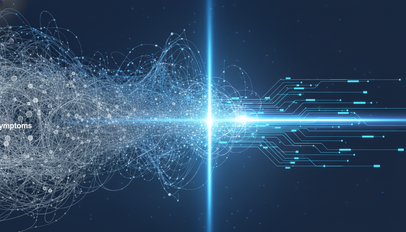 An abstract illustration representing the paradox of a high-achiever. One half of the image is a calm, orderly geometric pattern in cool blue tones, symbolizing external success. The other half is a chaotic, tangled network of energetic, frenetic lines in muted grays, symbolizing internal stress and mental fog. The two sides are sharply divided. Aspect ratio: 16:9.