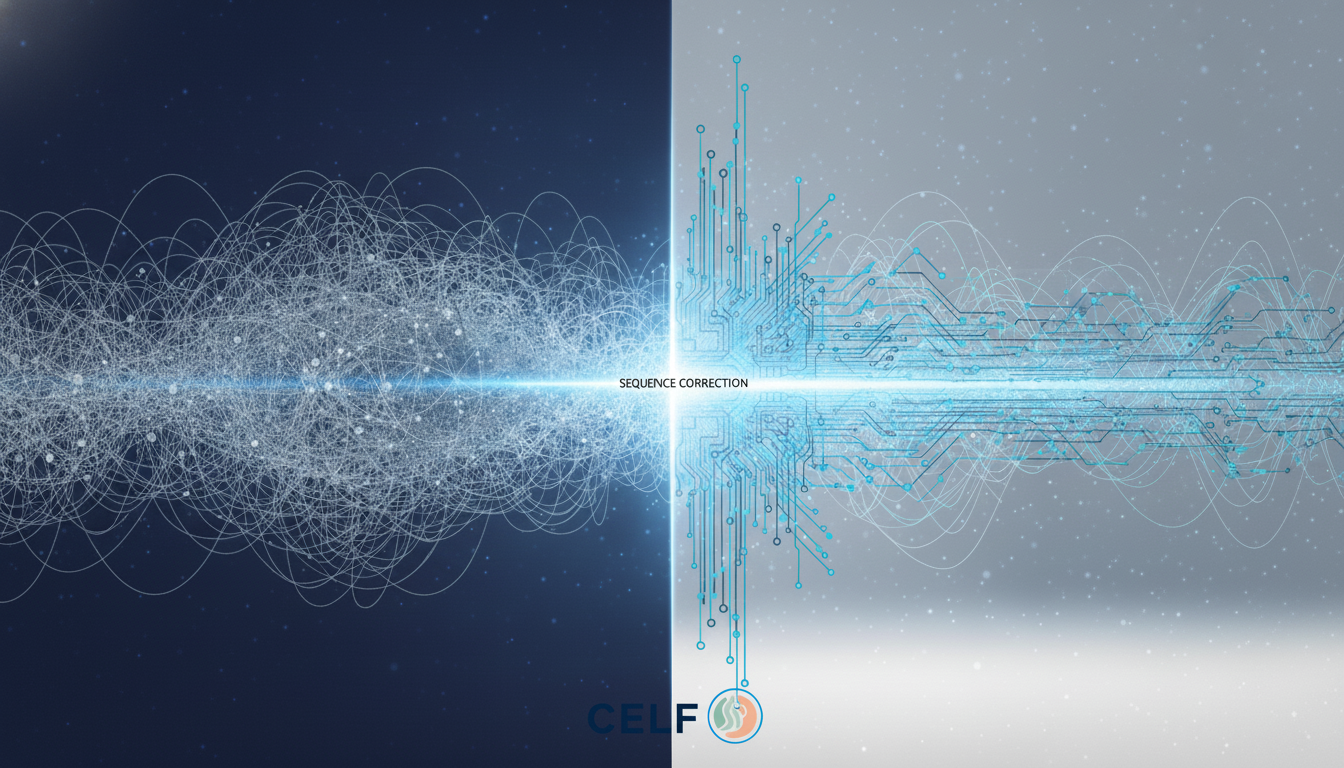 An abstract illustration representing the internal state of a high-achiever. Sharp, chaotic lines in dark blue and grey on one side transition into smooth, calm, organized waves on the other, symbolizing a shift from stress to clarity. The overall feeling is sophisticated and cerebral. Aspect ratio: 16:9.