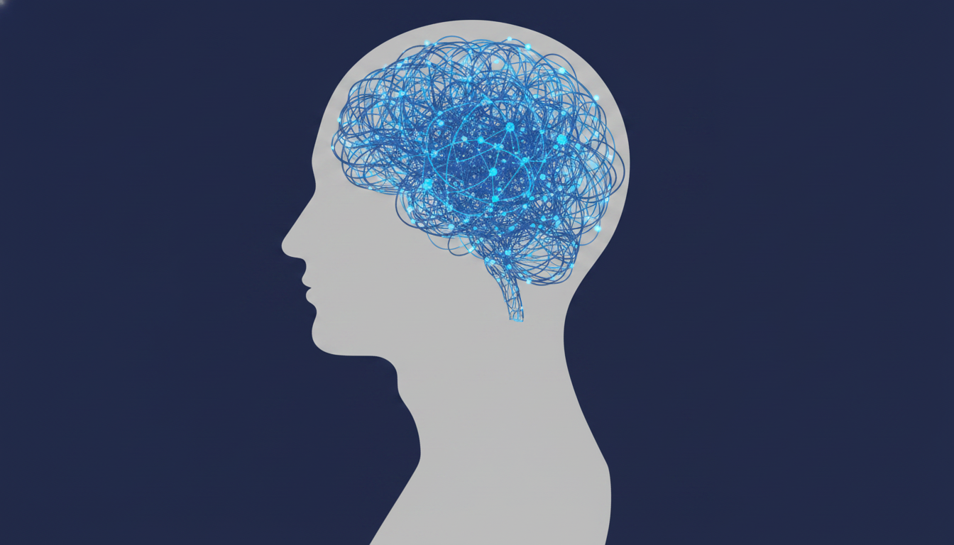 An abstract illustration of a human silhouette with a calm exterior, but inside the head is a chaotic tangle of bright, frenetic lines representing chronic stress. The overall mood is sophisticated and cerebral. Aspect ratio: 16:9.