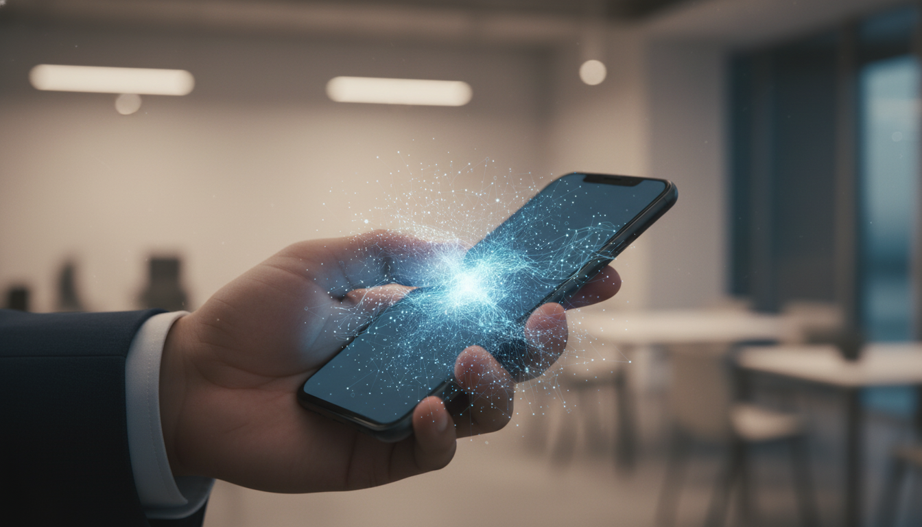 A high-quality, realistic photo of a professional's hand holding a smartphone against a blurred, modern office background. As their thumb touches the screen to unlock it, a subtle, elegant graphic of a neural network in brand blue (#3d6db0) glows and emanates from the phone, symbolizing the CELF system turning a digital habit into a moment of neurological reset. The lighting is calm and focused. Aspect ratio: 16:9.
