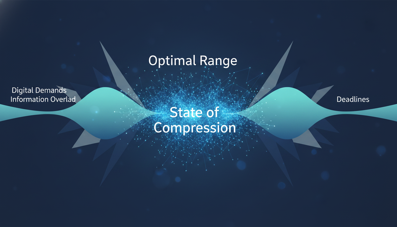 A clean, modern infographic showing a wide, calm wave labeled 'Optimal Range' being squeezed from both sides by jagged, sharp elements labeled 'Digital Demands,' 'Deadlines,' and 'Information Overload.' The resulting compressed wave in the middle is chaotic and spiky, labeled 'State of Compression.' Use brand colors. Aspect ratio: 16:9.
