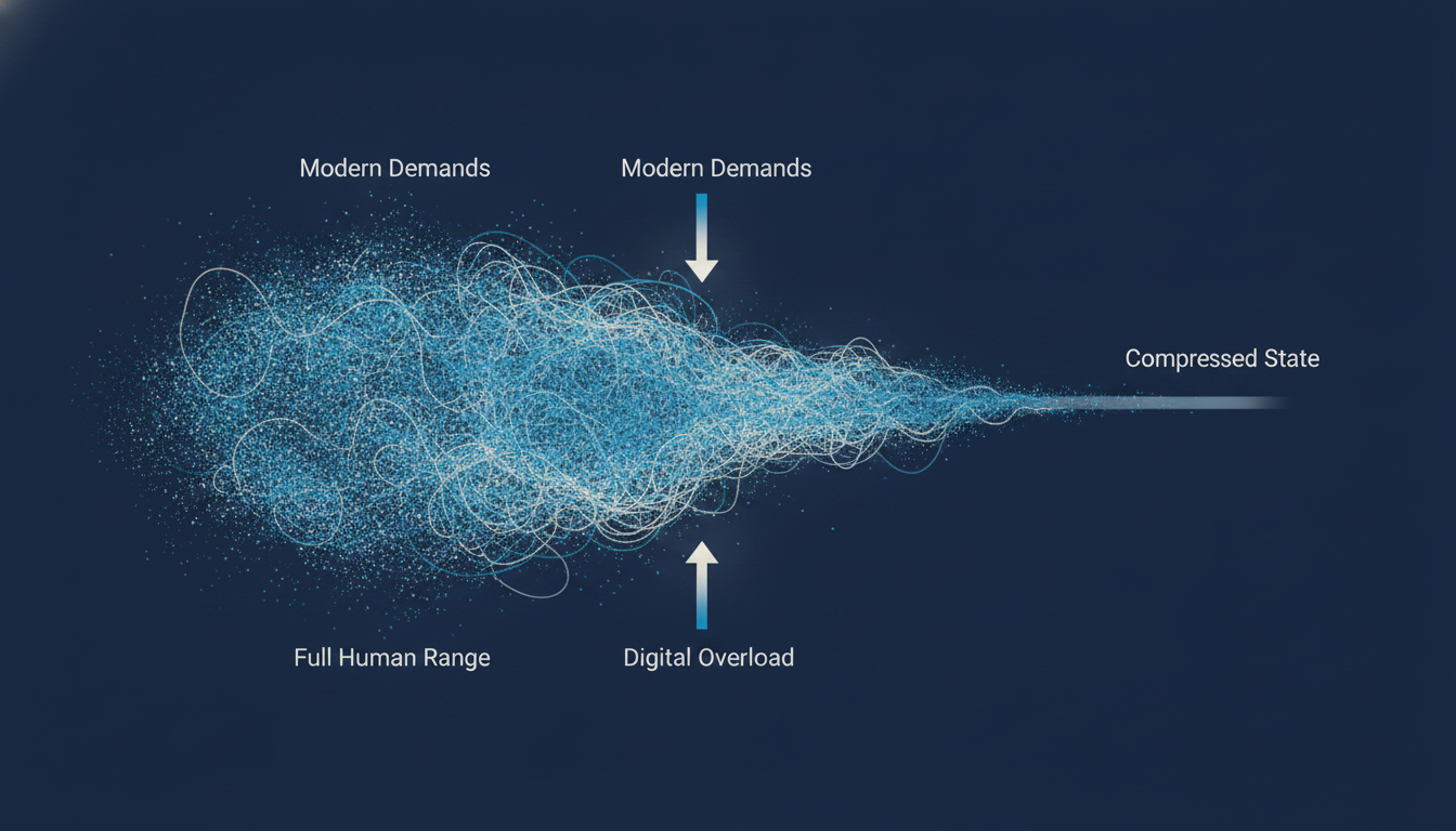A minimalist infographic visualizing the concept of 'compression.' On the left, a wide, vibrant spectrum labeled 'Full Human Range' using colors #3d6db0 and #f3f2f0. On the right, arrows representing 'Modern Demands' and 'Digital Overload' are shown squeezing the spectrum into a narrow, constricted band of gray-blue (#8599a5), labeled 'Compressed State.' Clean, scientific style on a dark #181e2e background. Aspect ratio: 1:1.