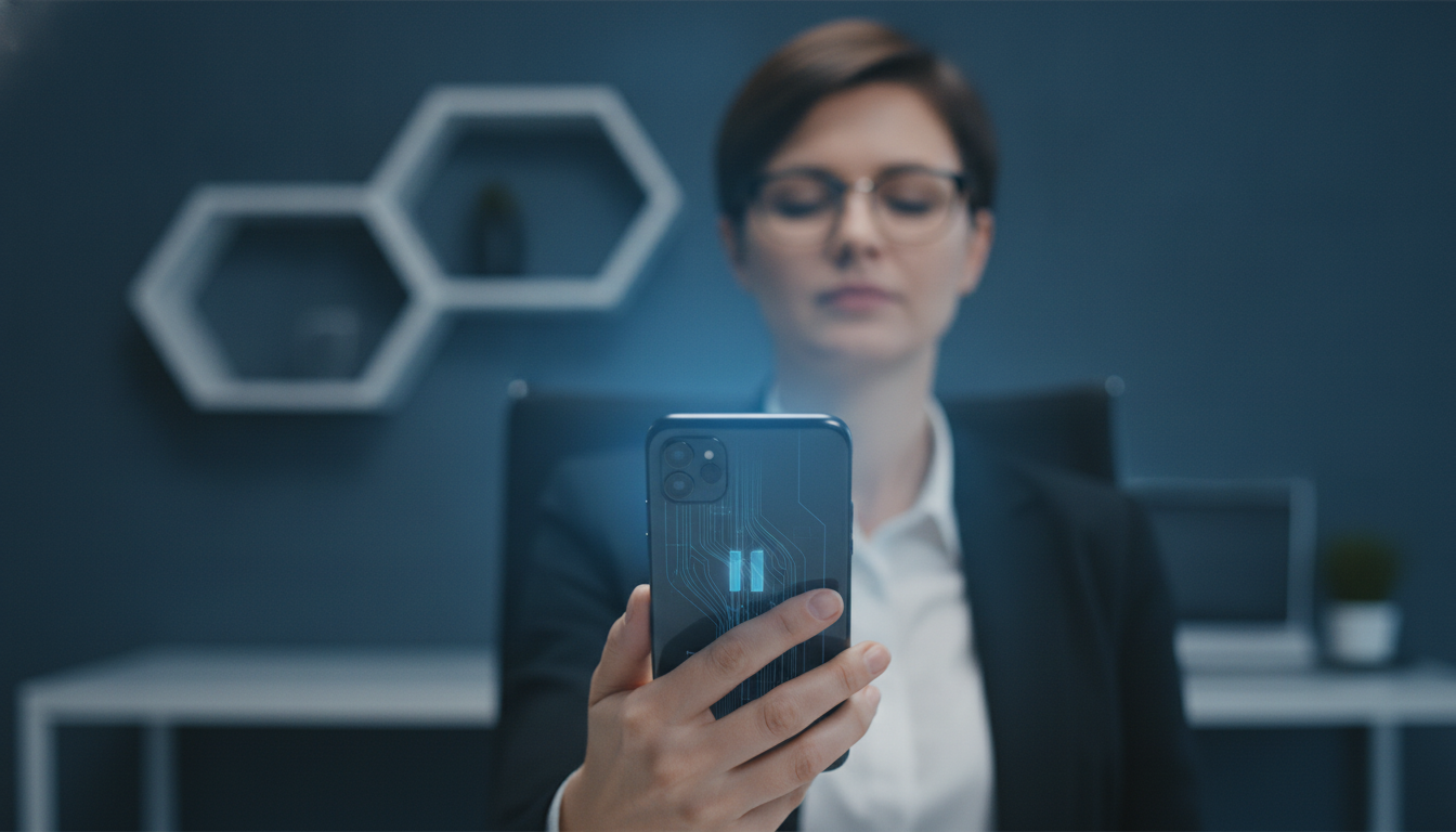 A close-up, realistic photo of a professional's hand holding a smartphone. The screen is slightly blurred, but the person's expression is calm and focused, subtly suggesting they have just completed a 5-second mental reset. The background is a modern, clean office environment. Aspect ratio: 4:3.