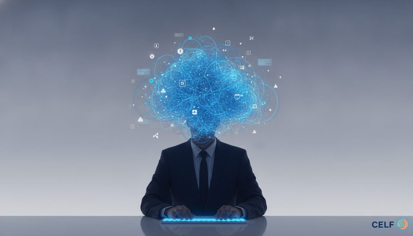 An evocative illustration of a professional sitting at a modern desk. Their silhouette is clear, but their head is surrounded by a dense, swirling cloud of tangled lines and faded digital notifications, representing brain fog and chronic overwhelm. The style is minimalist and clean. Aspect ratio: 16:9.