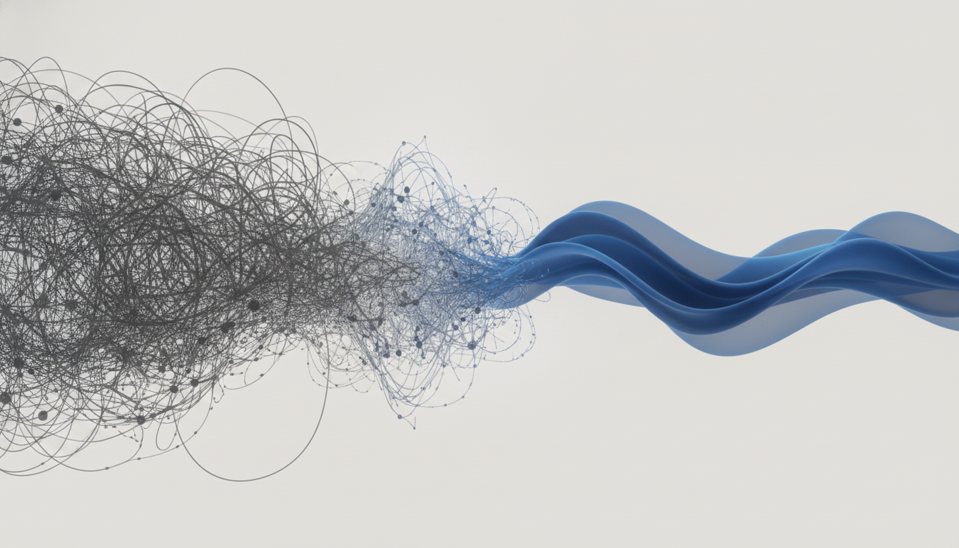 An abstract digital art piece representing the high-achiever's paradox. The image is split. The left side features chaotic, compressed, jagged lines in a dark charcoal color (#181e2e), symbolizing internal stress. The right side shows these same lines transforming into smooth, expansive, calm waves in a powerful blue (#3d6db0), representing clarity and control. The background is a soft, neutral off-white (#f3f2f0). Aspect ratio: 16:9.