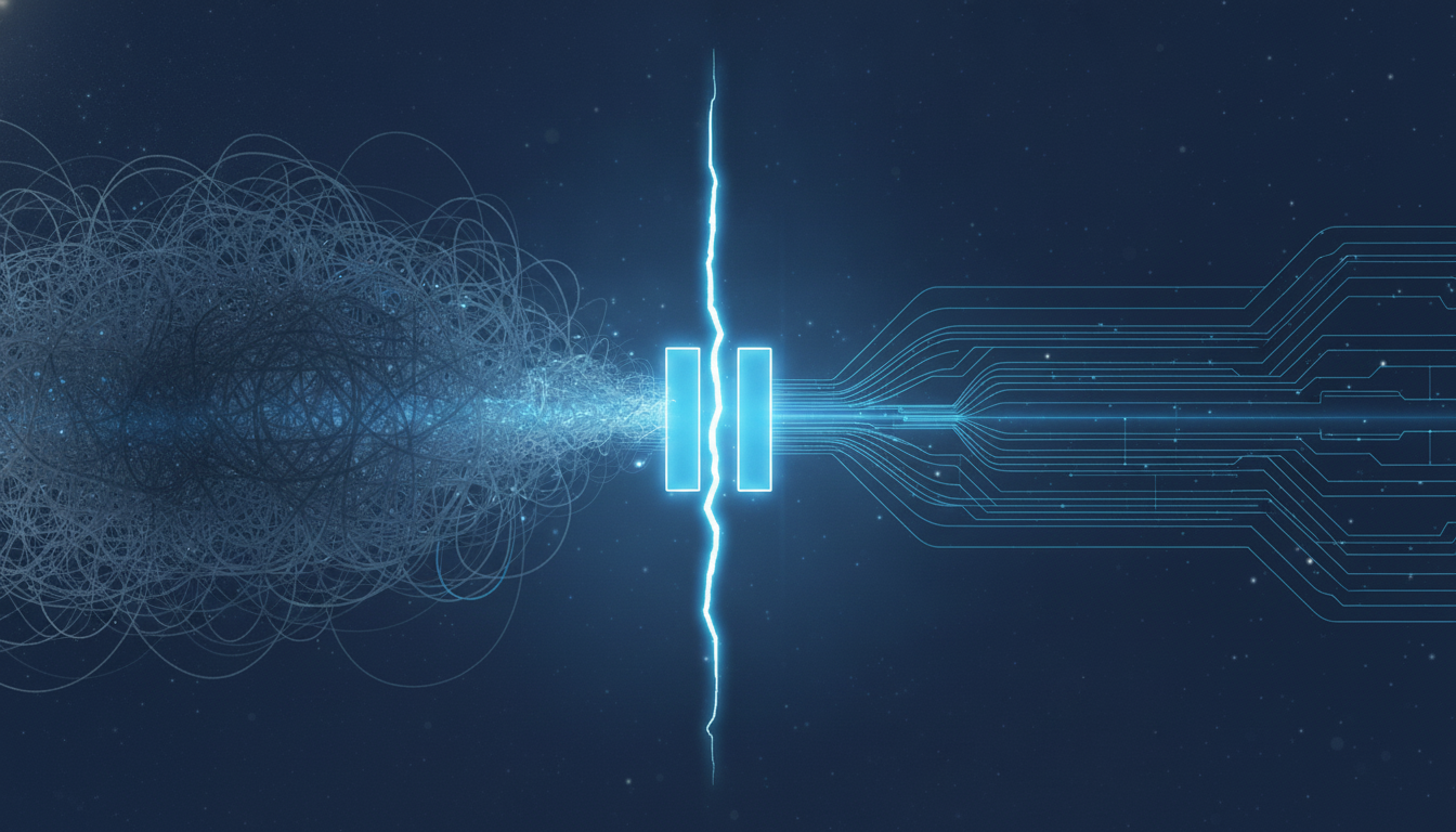 An abstract illustration depicting the internal state of a stressed professional. One side shows a calm, clear blue geometric pattern, representing focus. The other side is a chaotic, compressed scribble of grey and dark blue lines, representing internal chaos and stress. The two sides are separated by a sharp, jagged line. Aspect ratio: 16:9.