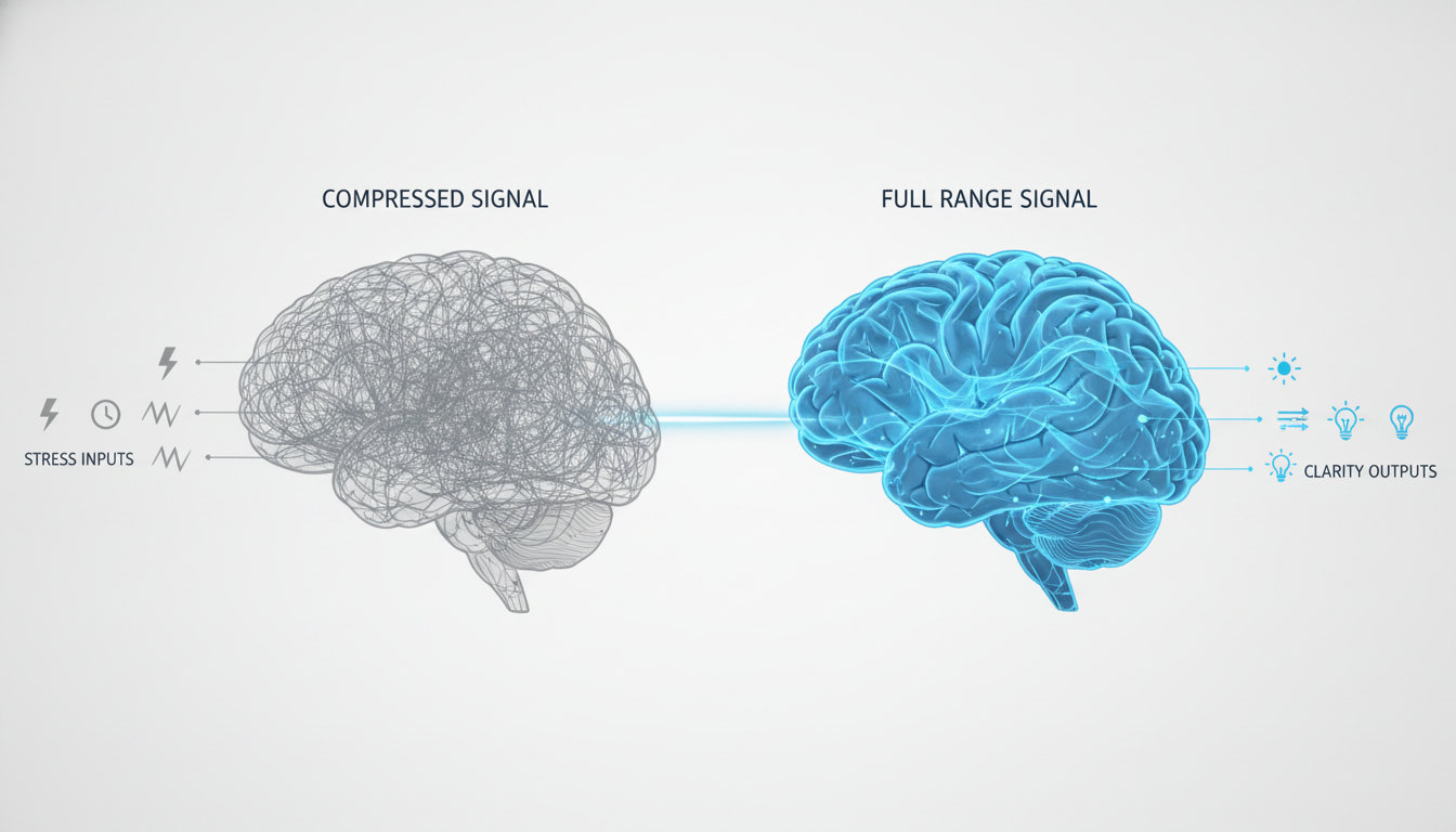 A simple, clear infographic comparing two brain diagrams. The first, labeled 'Compressed Signal,' shows chaotic, jagged, and tightly packed neural pathways in a dull grey (#8599a5). The second, labeled 'Full Range Signal,' shows smooth, expansive, and interconnected pathways in a vibrant blue (#3d6db0) on a light background (#f3f2f0). Use clean lines and minimalist icons to represent stress inputs and clarity outputs. Aspect ratio: 1:1.