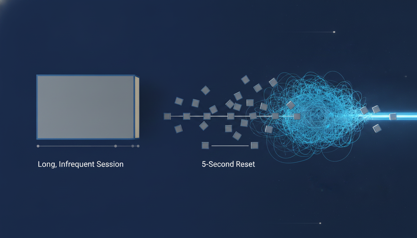 A clean, modern infographic illustrating the 'frequency over duration' principle. On the left, a single large block labeled 'Long, Infrequent Session' has minimal impact on a timeline. On the right, numerous small blocks labeled '5-Second Reset' are scattered throughout the same timeline, showing a cumulative, significant rewiring effect on a neural pathway diagram. Use brand colors #3d6db0 and #8599a5 for graphics and #181e2e for text. Aspect ratio: 1:1.
