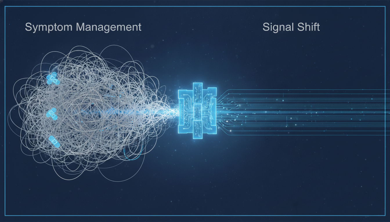 A simple two-panel infographic. The left panel, titled 'Symptom Management,' shows a chaotic brain signal wave with bandaids on it. The right panel, titled 'Signal Shift,' shows the chaotic wave being transformed into a smooth, coherent wave by a targeted intervention. Use brand colors and clean, modern icons. Aspect ratio: 16:9.